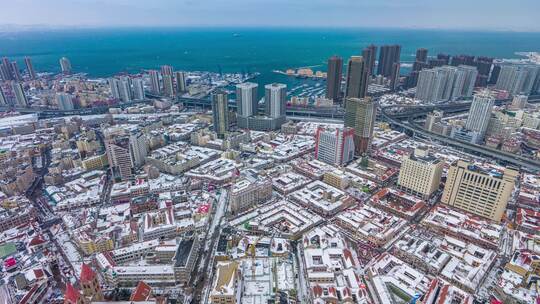 青岛城市风光雪景鸟瞰