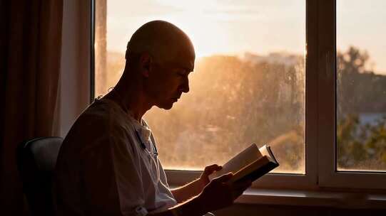 窗边老人阅读书籍画面
