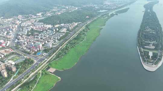 长沙湘江航拍江滩公园江滨湿地绿色植物草地