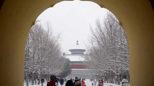 北京下雪中的天坛公园