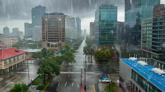 雨天城市街道高楼景象