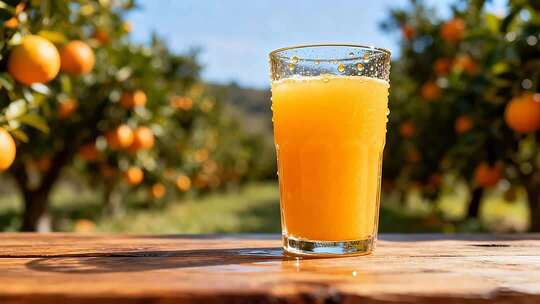 果园中木桌上的一杯橙汁