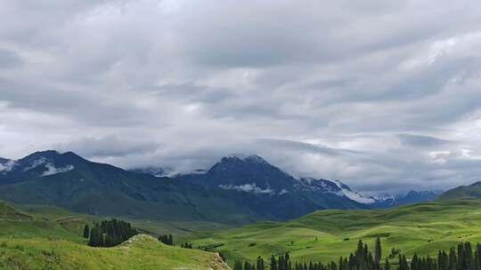 7月孟克特古道起伏的草原和雪山