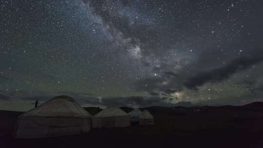银河在星空中移动，蒙古包营地上空有云
