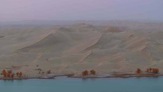 航拍秋天清晨的新疆罗布湖风景