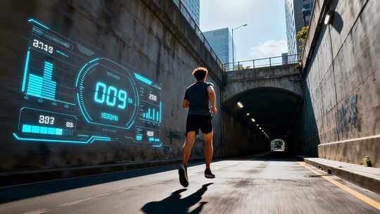 男子城市道路跑步科技画面