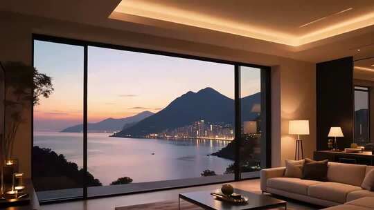 现代客厅窗外山海城市景观