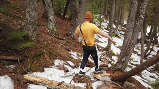 探索徒步旅行进入被雪覆盖的森林的人