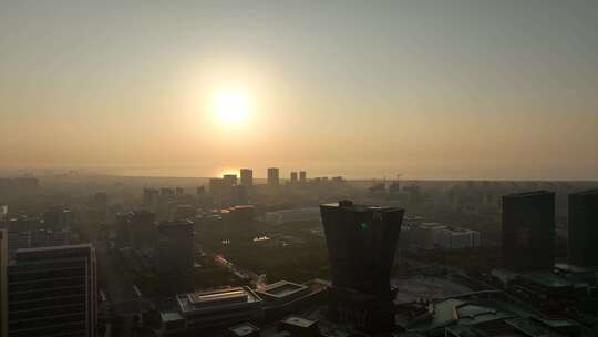 福州东湖数字小镇日出航拍城市剪影建筑风光