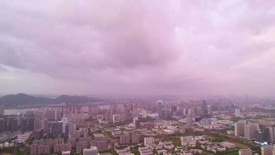 杭州炎热夏天雷雨前后城市天空风景航拍