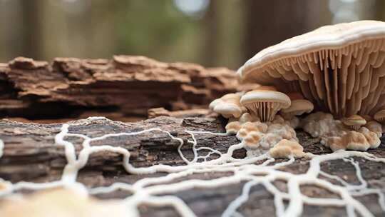 森林中木头上生长的蘑菇