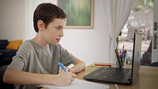 男孩在用笔记本电脑上网课