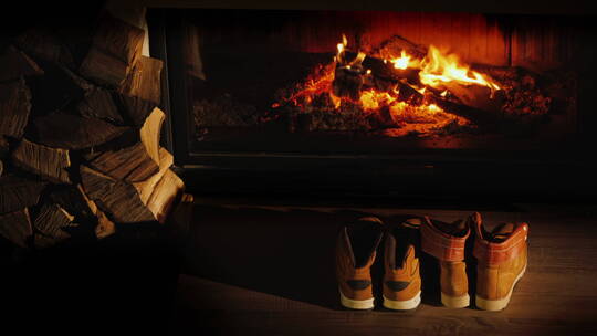 冬季靴子在壁炉附近干燥