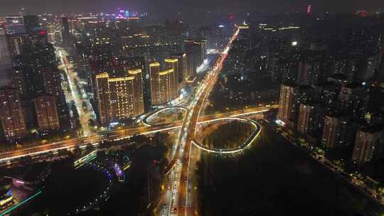 航拍陕西西安高新区交通夜景