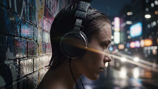夜晚街头戴耳机的年轻女性