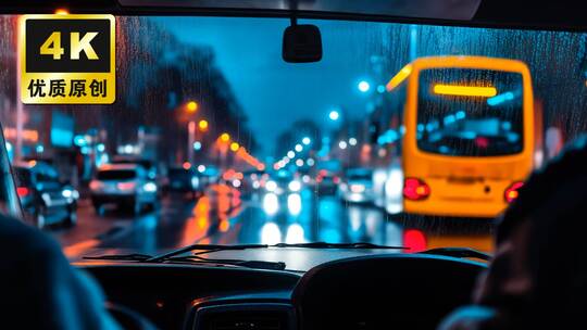 车窗雨幕中的霓虹都市夜间车流光影伤感情绪