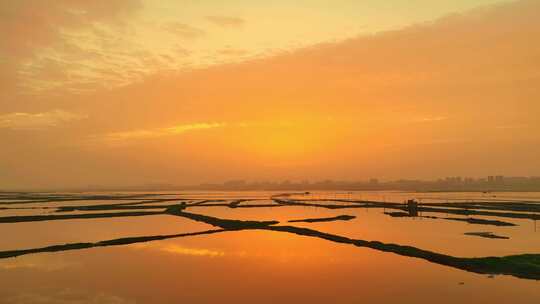 山西运盐池黄昏日落航拍，自然风景湖水