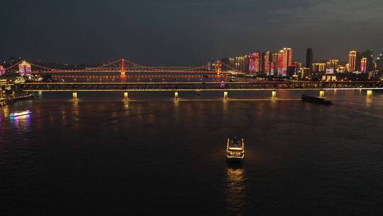 武汉长江城市江景船舶游船夜景航拍风光