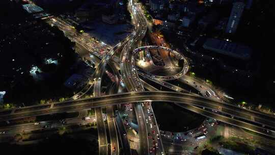 城市夜景灯光高架桥拥堵交通南京航拍