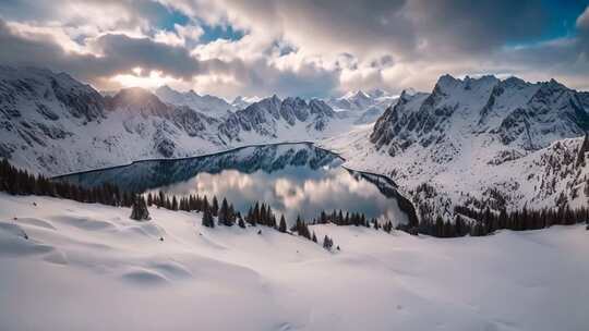 雪山湖泊自然风光全景
