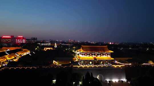 航拍山东潍坊青州古城夜景