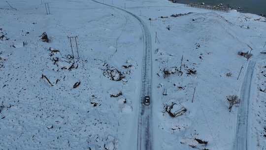 挪威罗弗敦群岛北极圈雷纳冬季雪景高空航拍