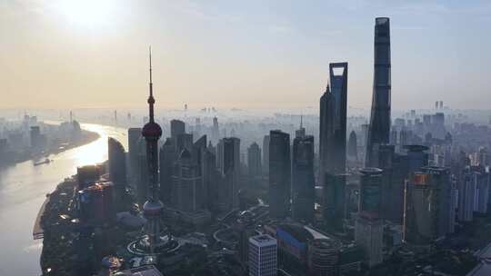 上海航拍陆家嘴城市地标日出