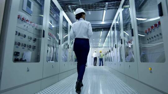 戴头盔的妇女走在工厂走廊上