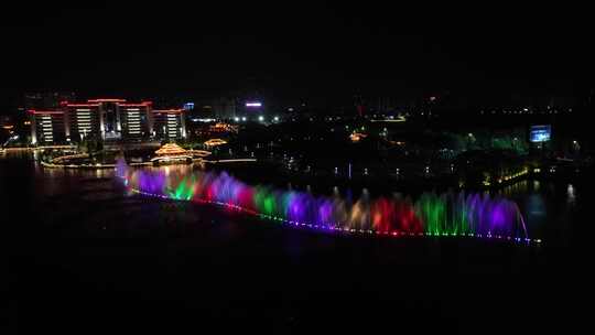 4K航拍鄂州地标城市夜景凤凰广场喷泉夜景