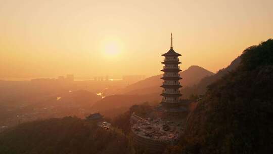 杭州湘湖莲花古寺宝塔航拍