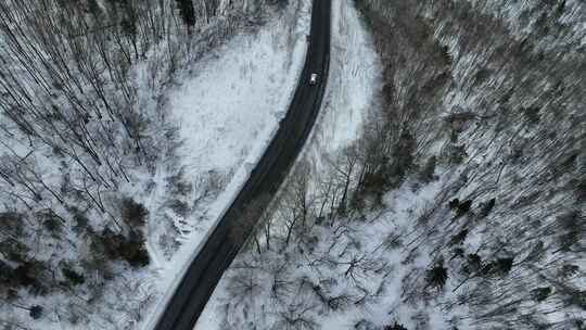 吉林长白山雪原森林公路G334航拍风光