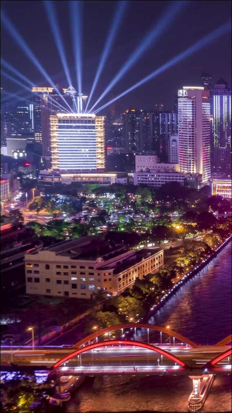 广州_珠江两岸夜景延时航拍_竖屏