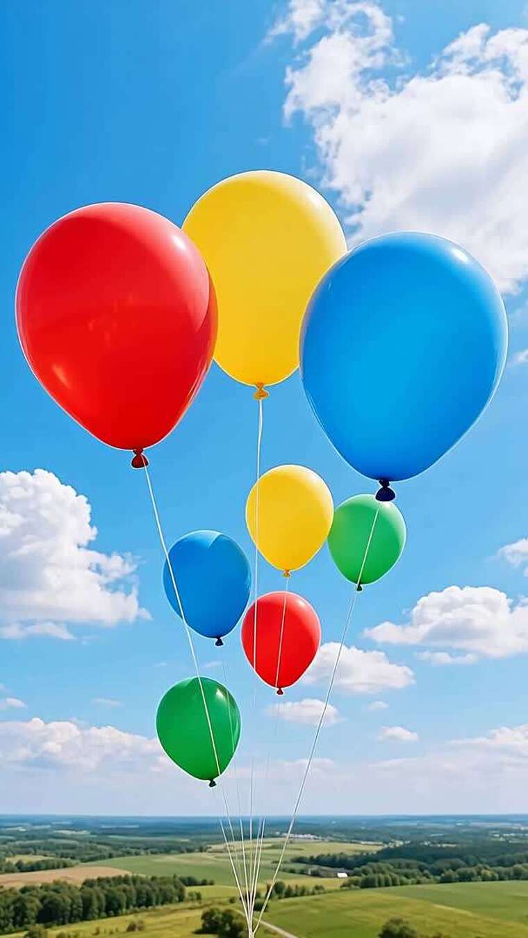 彩色气球飘于蓝天绿野之上