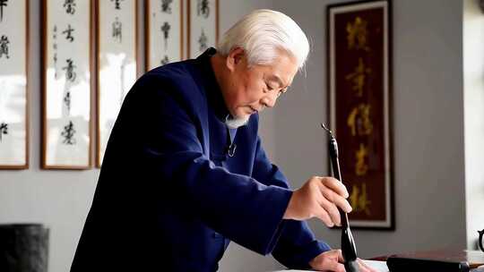 老人室内挥毫写毛笔字