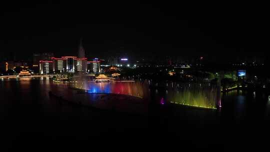 4K航拍鄂州地标城市夜景凤凰广场喷泉夜景