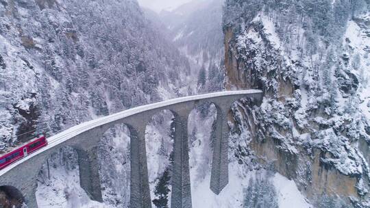 雪天火车在铁路桥梁上行驶