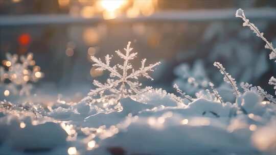 冬天雪花雪景下雪天冰晶雪花特写空镜头唯美视频素材模板下载