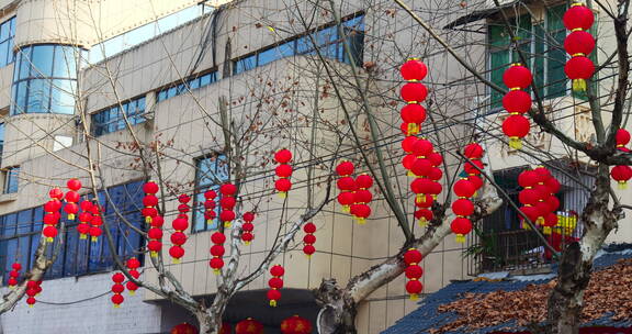 小区春节灯笼氛围新年空镜头4k