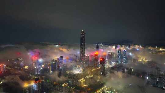 航拍深圳城市闪电与云海夜景