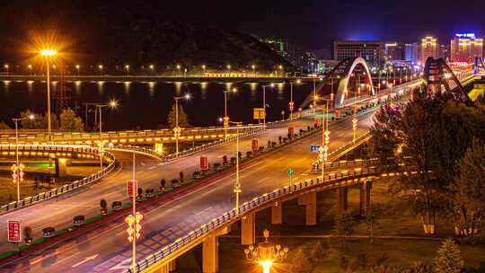 西藏拉萨柳梧大桥夜景车流中景高清延时