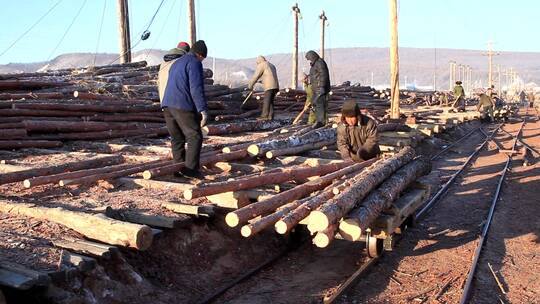 2011年大兴安岭工人在用小型轨道车运木材