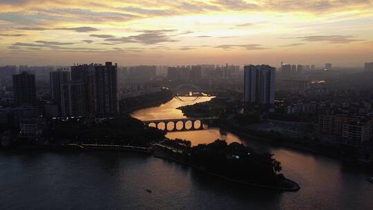 航拍湖南衡阳石鼓书院城市夜景火烧云