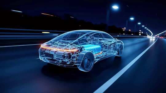夜间公路行驶的透明线框汽车