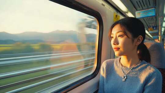 女孩乘火车赏窗外风景