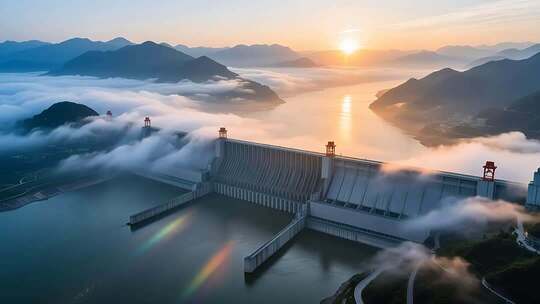 航拍云雾缭绕下的长江三峡大坝日出壮丽延时