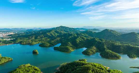 4k森林水库乡村振兴农业山峰山脉蓝天白云