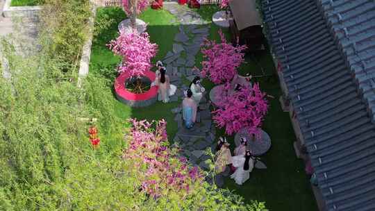 汉服女子花丛嬉戏