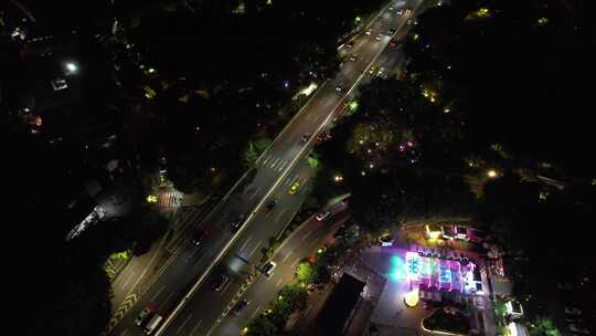 夜晚的广州城市道路航拍