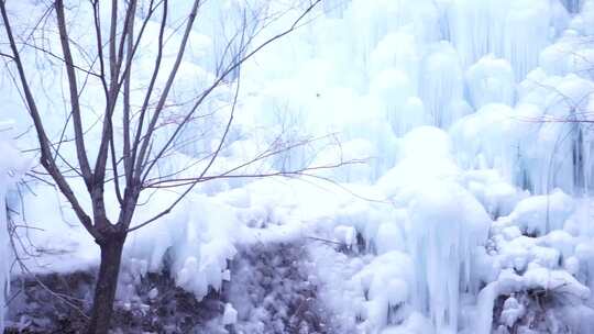 山间冰瀑与平静湖水景观