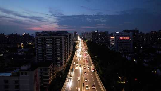 杭州城市夜幕降临夜景交通航拍